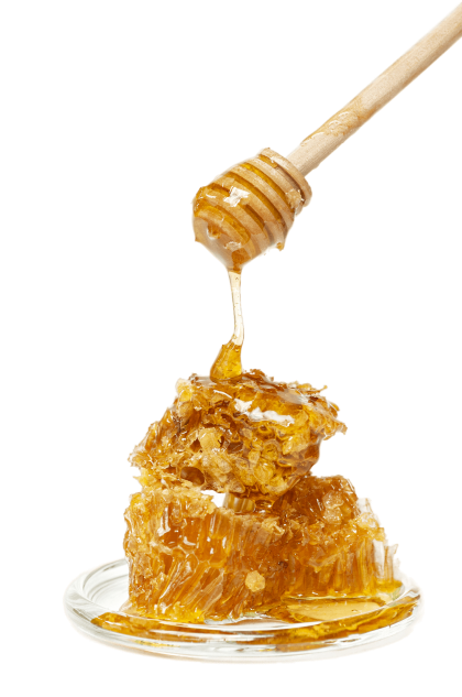 Gęsty miód spływający z drewnianej pałeczki na kawałek naturalnego plastra miodu.