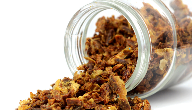 Surowy kit pszczeli (propolis) w kawałkach wysypujący się ze szklanego słoika.