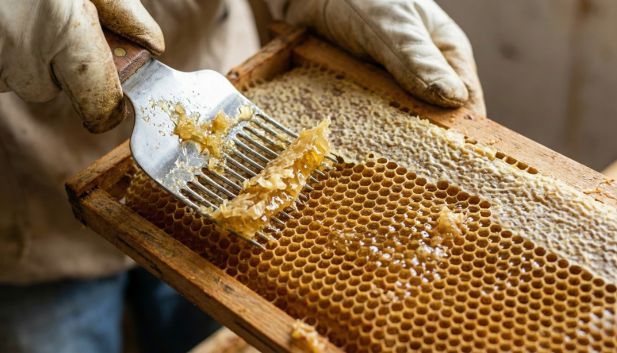 pszczelarz odsklepiający widelcem oczka plastra