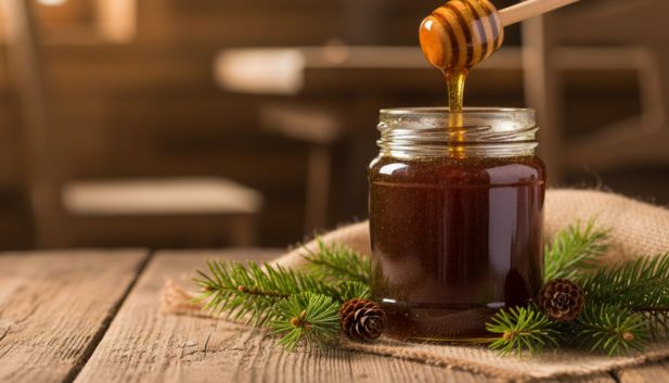 Słoik ciemnego miodu ze spadzi iglastej z gałązką jodły i drewnianą miodarką w tle.