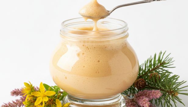 Szklany słoik wypełniony gęstą pianką miodową o jasnobrązowej barwie, udekorowany gałązką świerku oraz żółtymi i fioletowymi kwiatami polnymi.