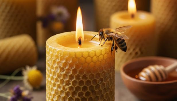 świeca z wosku pszczelego z pszczołą siedzącą przy zapalonym koncie